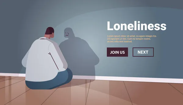 Triste hombre deprimido chico sentado en frente de la pared con triste sombra soledad trastorno depresivo problema salud mental enfermedades — Archivo Imágenes Vectoriales