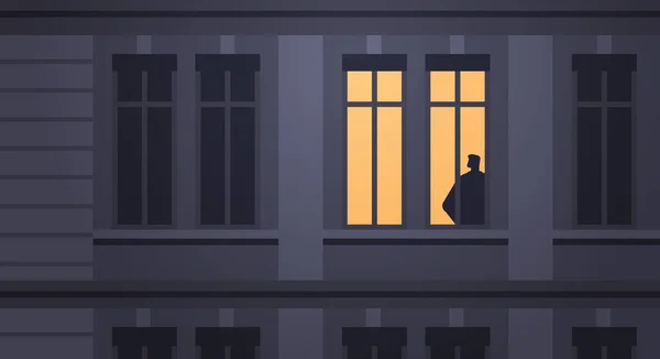 Депресивний хлопець силует, що стоїть у вікні будинку самотність депресивний розлад проблема психічного здоров'я хвороби — стоковий вектор