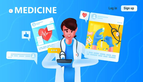 Médico usando aplicação médica on-line no conceito de consulta virtual de medicina gadget digital — Vetor de Stock