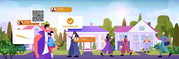 Očkovaní lidé chodící venku muži ženy po vakcinaci úspěšný covid-19 vakcinační koncept — Stockový vektor
