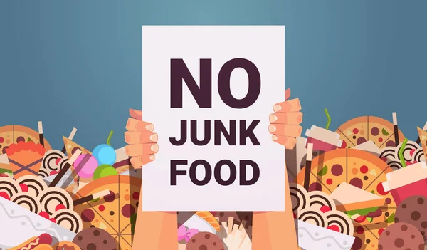 Menschliche Hände, die kein Junkfood-Plakat halten, ungesunde Ernährung Junkfood-Sucht stoppen Fastfood-Konzept — Stockvektor