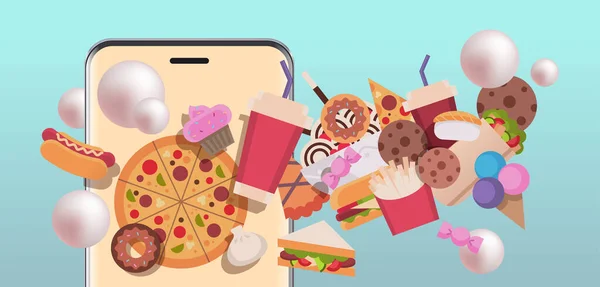 Különböző junk food okostelefon képernyőn egészségtelen táplálkozás drogélelmiszer függőség stop fast food koncepció — Stock Vector