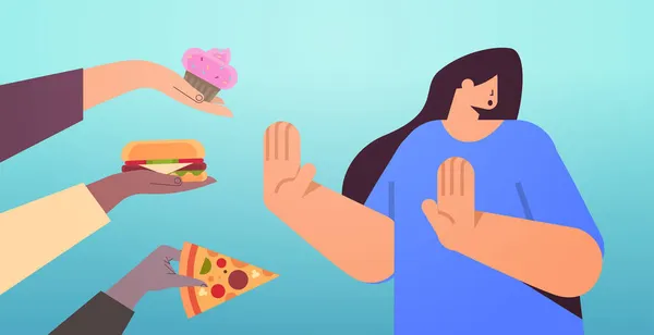 Mujer mostrando ningún gesto de parada a la comida chatarra nutrición no saludable adicción a la comida chatarra detener el concepto de comida rápida — Archivo Imágenes Vectoriales
