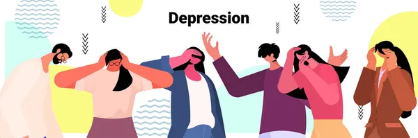 令人疲惫的沮丧的人不快乐的男人感到绝望的女人心理健康疾病抑郁症的概念 — 图库矢量图片