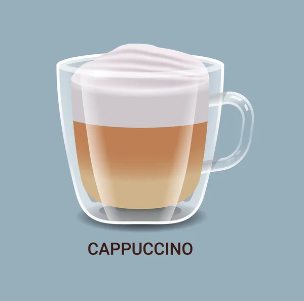 Café realista em copo de vidro bebida cappuccino quente — Vetor de Stock