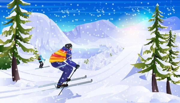 Lidé lyžování muž turisté dělat činnosti zimní dovolená koncept sněžení krajina pozadí horizontální — Stockový vektor