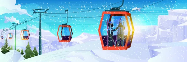 Personnes assises sur des télésièges domaine skiable téléphérique dans les montagnes enneigées Noël nouvel an vacances célébration vacances d'hiver — Image vectorielle