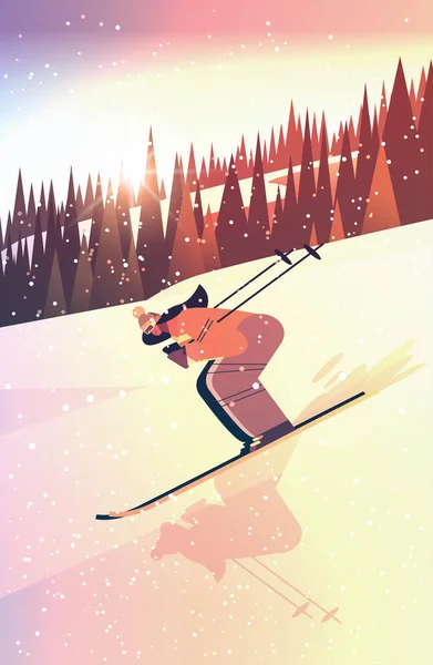 Esquiador mujer deslizándose hacia abajo sportswoman esquí haciendo actividades invierno vacaciones concepto puesta del sol nevada paisaje — Vector de stock