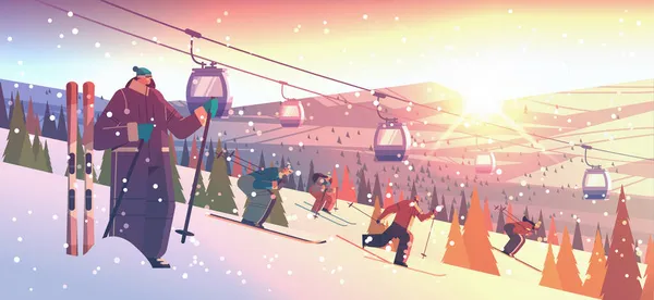 Menschen Skifahren Männer Touristinnen Aktivitäten Winterurlaub Konzept Sonnenuntergang Schneefall Landschaft Hintergrund — Stockvektor