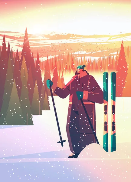 スキーヤー女性スポーツ女性スキー活動冬休みのコンセプト雪の風景背景を行う — ストックベクタ