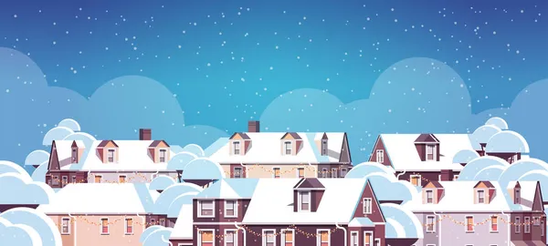 Winterhäuser mit Schnee auf Dächern schneebedecktes Dorf frohe Weihnachten frohes neues Jahr Grußkarte — Stockvektor