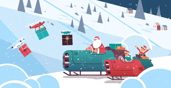 Elfen mit Weihnachtsmann Schlitten fahren Auto mit Geschenken Frohe Weihnachten Frohes Neues Jahr Winterurlaub Feier — Stockvektor