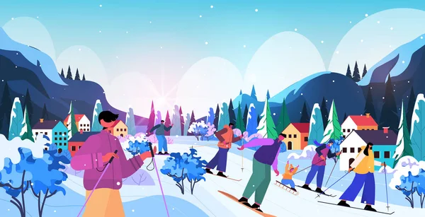 Menschen Skifahren Snowboard Männer Frauen und Kinder tun Winteraktivitäten Weihnachten Silvester Feiertage — Stockvektor