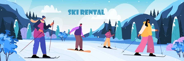 Narciarze snowboarding mężczyźni kobiety robi zimowe zajęcia Boże Narodzenie Nowy rok wakacje uroczystości koncepcja wypożyczalnia nart — Wektor stockowy