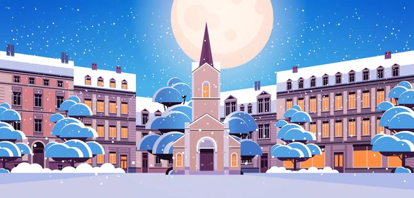Современный фасад церкви и домов зданий архитектуры ночью зимний городской пейзаж фоне — стоковый вектор
