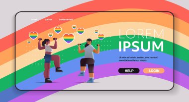 Yarış kızları aşıkları fiziksel egzersiz yapıyorlar lezbiyen aşk geçit töreni transseksüel LGBT konsepti yatay fotokopi alanı