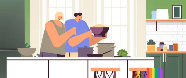 Δύο κορίτσια λεσβιακό ζευγάρι προετοιμασία των τροφίμων στην κουζίνα διαφυλικών αγάπη ΛΟΑΤ έννοια κοινότητα — Διανυσματικό Αρχείο