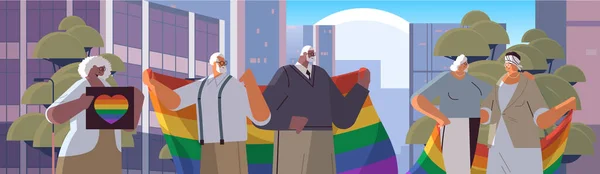 무지개 깃발을 들고 있는 인종 나이든 사람들 과 게이 레즈비언들의 사랑 퍼레이드 자긍심을 나누는 트랜스젠더 사랑 컨셉트 — 스톡 벡터