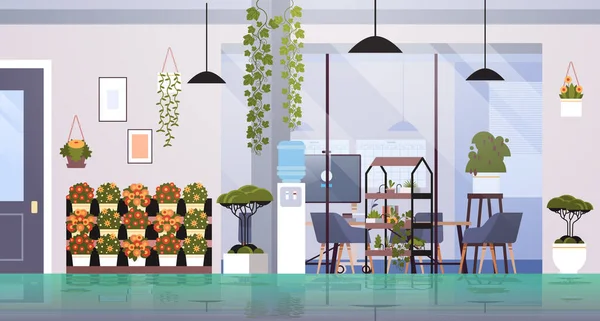 Co-working center met potplanten en bloemen op planken tuinieren concept kantoor interieur horizontaal — Stockvector