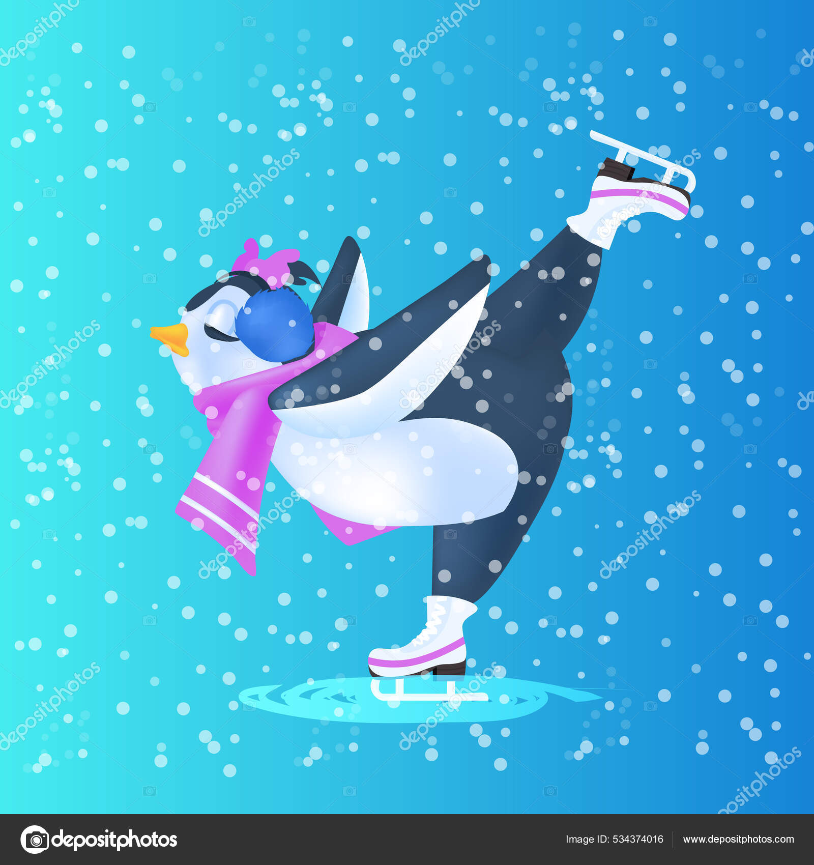 アイスリンクでかわいいペンギンスケート冬のアクティビティのコンセプトフル長 ストックベクター C Mast3r