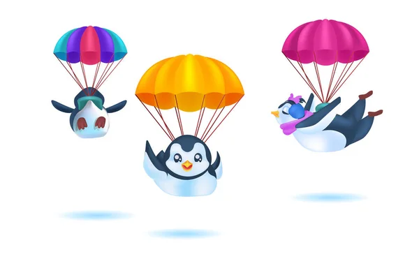 Милые пингвины летающие на парашютах антарктические птицы веселятся по всей длине горизонтальной — стоковый вектор