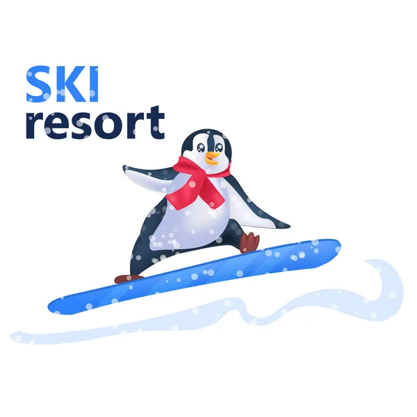 Bonito pinguim snowboard conceito resort de esqui comprimento total — Vetor de Stock