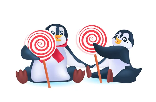 Niedliche Pinguine mit Lutschern antarktische Vögel essen Süßigkeiten — Stockvektor