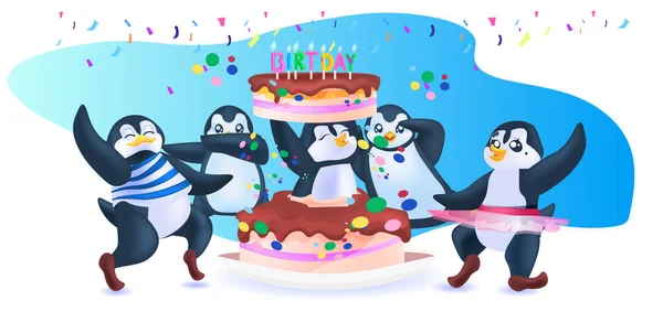 Cute penguins celebrating birthday party antarctic birds having fun full length horizontal — Stock Vector