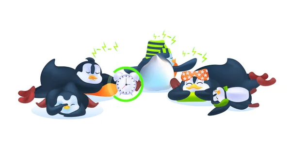 Χαριτωμένοι πιγκουίνοι ζώα κοιμούνται με ξυπνητήρι antarctic πουλιά χαλάρωση πλήρους μήκους οριζόντια — Διανυσματικό Αρχείο