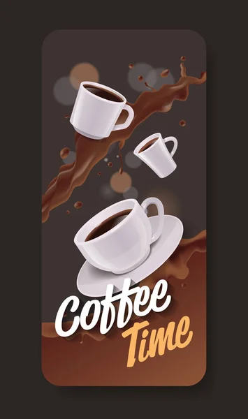 Realistické espresso káva v bílých pohárech horké americano nápoj nápis plakát — Stockový vektor