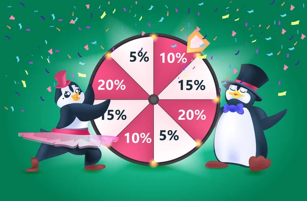 Mignon pingouins près de fortune roue de rotation à vendre promotion événement discount prix gagnant concept de shopping — Image vectorielle