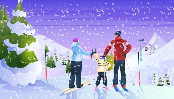 Familia esquí turistas haciendo actividades invierno vacaciones concepto nieve paisaje fondo — Vector de stock
