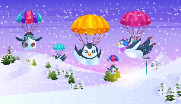 Schattig pinguïns vliegen op parachutes antarctische vogels hebben plezier sneeuwval landschap achtergrond — Stockvector