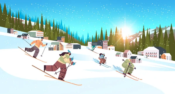 People skiing men women tourists doing activities winter vacation concept snowfall landscape background — Stock Vector