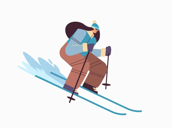 Esquiadora mujer deportista esquí haciendo actividades concepto de vacaciones de invierno longitud completa vector horizontal ilustración — Archivo Imágenes Vectoriales