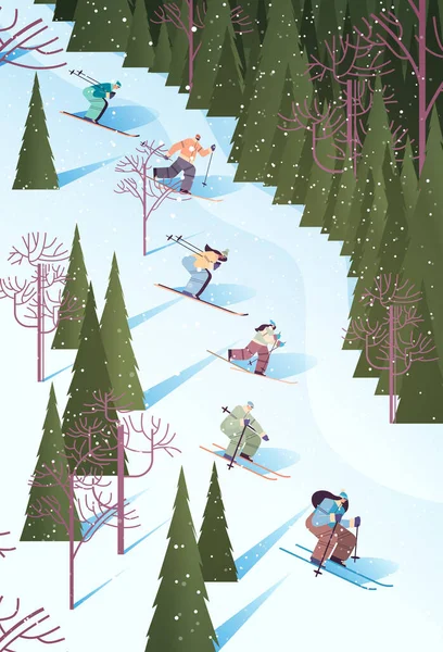 Άνθρωποι σκι άνδρες γυναίκες τουρίστες που τρέχουν προς τα κάτω κάνοντας δραστηριότητες χειμερινές διακοπές έννοια χιονόπτωση τοπίο — Διανυσματικό Αρχείο