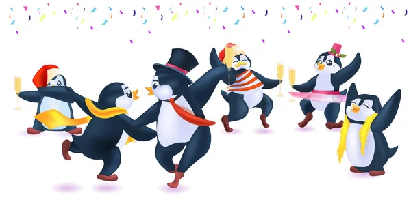 Simpatici pinguini che celebrano il nuovo anno vacanze di Natale uccelli antartici divertirsi full length — Vettoriale Stock