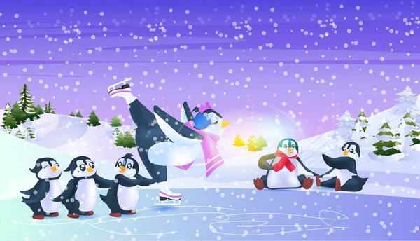 Милые пингвины катание на катке зимние мероприятия концепция снегопад пейзаж горизонтальный — стоковый вектор