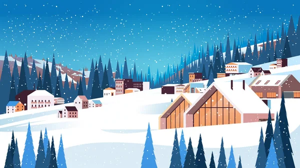 Snow covered buildings in winter season residential houses area ski resort concept new year and christmas celebration — Stock Vector