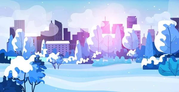 눈덮인 도시 공원의 도시 경관즐거운 새해 맞이 카드 수평 인사 — 스톡 벡터
