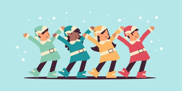 Mix race elves in uniform having fun santa helpers team celebrating happy new year merry christmas holidays — Stock Vector