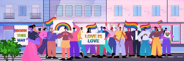 무지개 깃발을 들고 동성애자 레즈비언들의 사랑 행진을 하는 인종들 과 트랜스 젠더들의 사랑을 혼합 한 축제 — 스톡 벡터