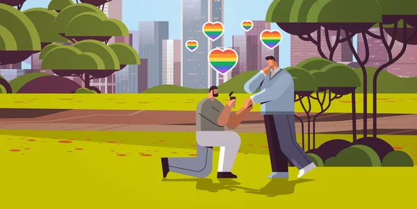 게이 프로 포즈 - 약혼 반지 성전 환자 사랑 LGBT 커뮤니티 개념 — 스톡 벡터