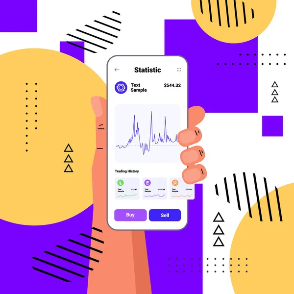 Hand mit Kryptowährung Anwendung auf Smartphone virtuelles Geld Brieftasche Banking-Transaktion digitale Währung — Stockvektor