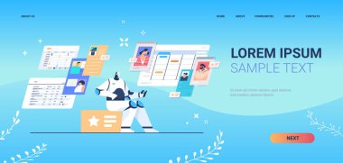 İnsanlar sohbet robotu asistanı çevrimiçi iletişim yapay zeka teknolojisi konseptiyle sohbet ediyorlar.