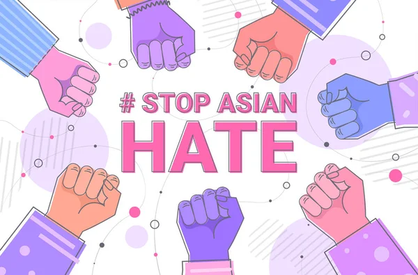 Ativistas segurando levantou punhos contra o racismo parar asiático pessoas de apoio ao ódio durante coronavírus pandemia — Vetor de Stock
