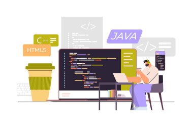 Web geliştirici yazılım ve programlama kavramının dizüstü bilgisayar ekran geliştirmesinde program kodu oluşturuyor