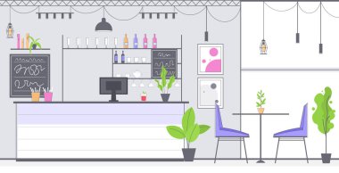 Modern kafenin içi boş. İnsanların restoranı yatay değil.