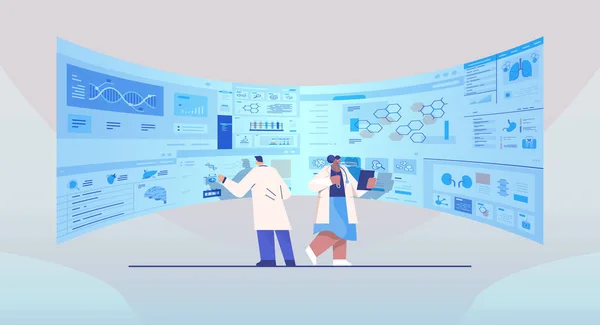 Mix ras wetenschappers team analyseren van medische gegevens over virtuele boord geneeskunde gezondheidszorg concept ziekenhuis interieur — Stockvector