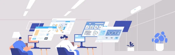 Wissenschaftlerteam analysiert medizinische Daten auf virtuellen Tafeln Medizin Gesundheitskonzept Krankenhaus Büroinnenraum — Stockvektor